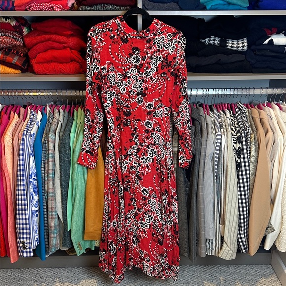 Free People red/black/white long sleeve button down 2 pocket midi dress size 4 - Picture 3 of 3